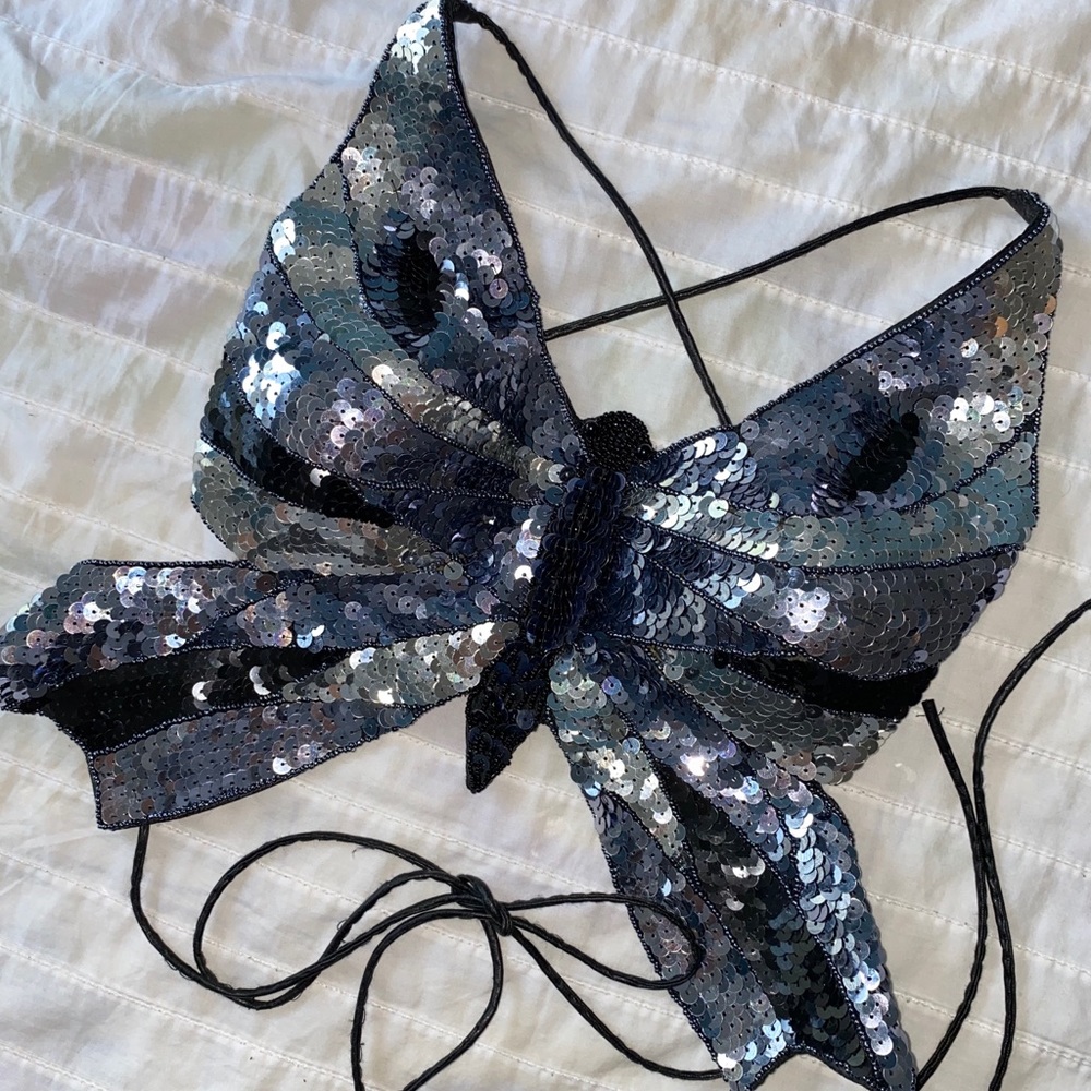 Butterfly Sequin Open Back Tie Crop Top